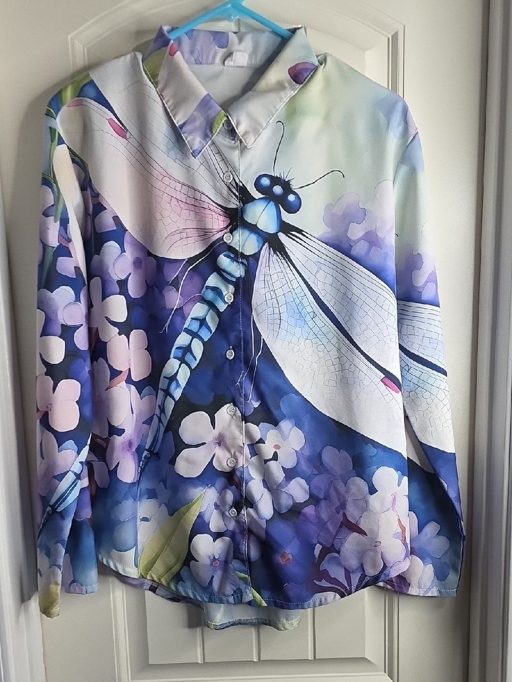 Dragonfly Floral Button-Up Blouse in Blue and Purple